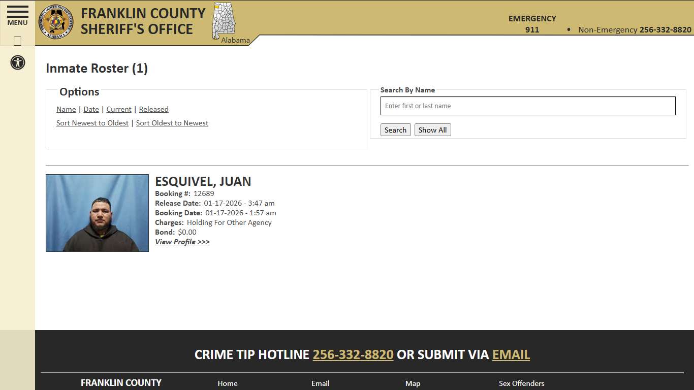 Inmate Roster - Released Inmates Booking Date Descending - Franklin County AL Sheriff's Office